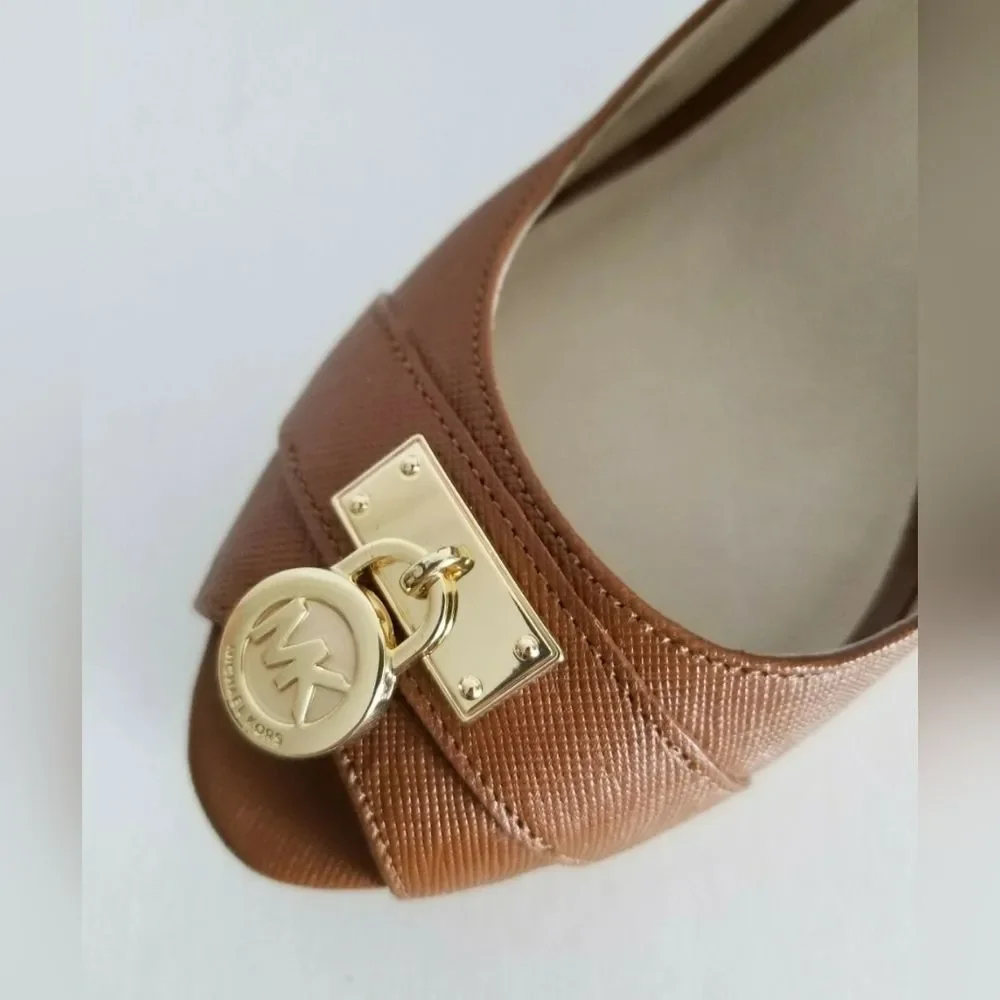 NEW Michael Kors MK Hamilton Tan Light Brown Peep Open Toe Wedge Heels Pump 10